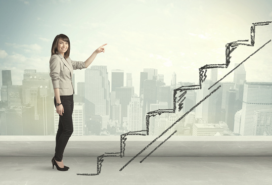 Business woman climbing up on hand drawn staircase concept on city background